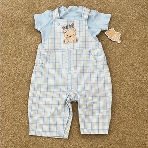 Bear Embroidered Blue Plaid Overalls and Top